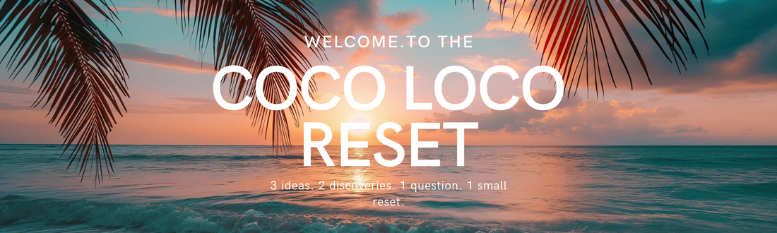 The Coco Loco Reset weekly wellness ritual by Coco Loco Wellness featuring a journal, book, coffee and tropical greenery.